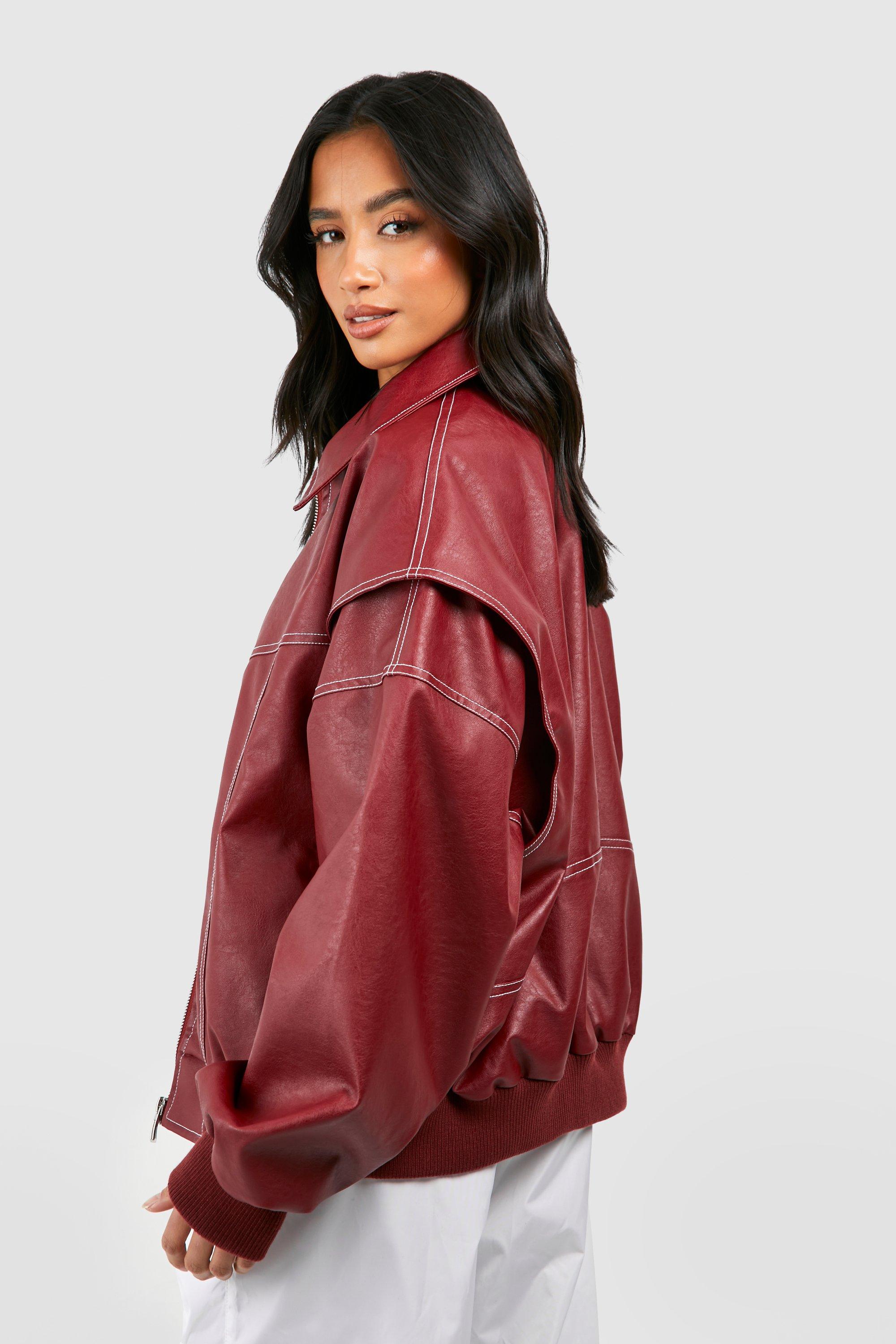 Petite Pu Contrast Stitch Oversized Bomber Jacket