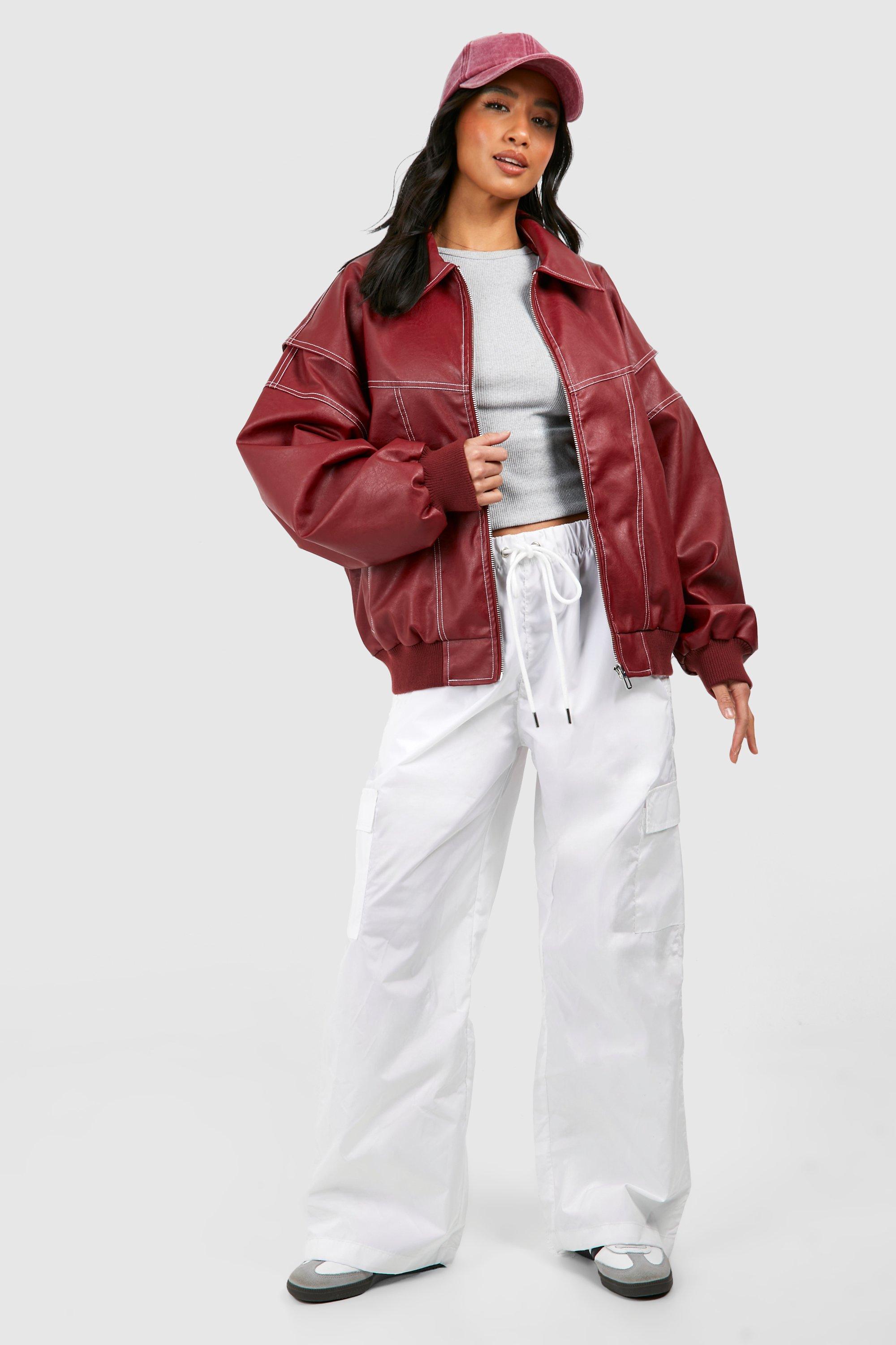 boohoo Women s Petite PU Contrast Stitch Oversized Bomber Jacket Red Casual Jackets