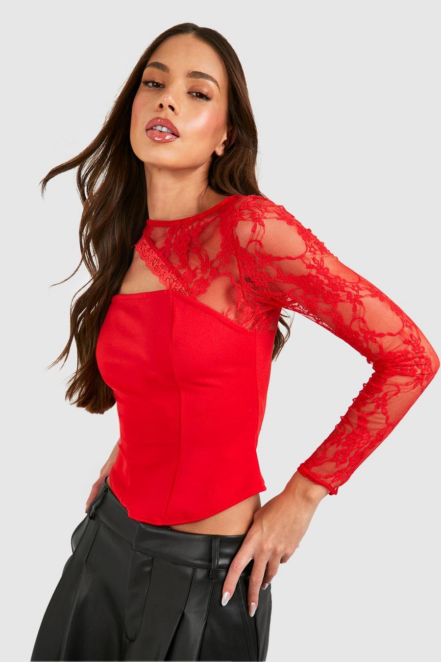 Red Lace Neckline Corset Top image number 1