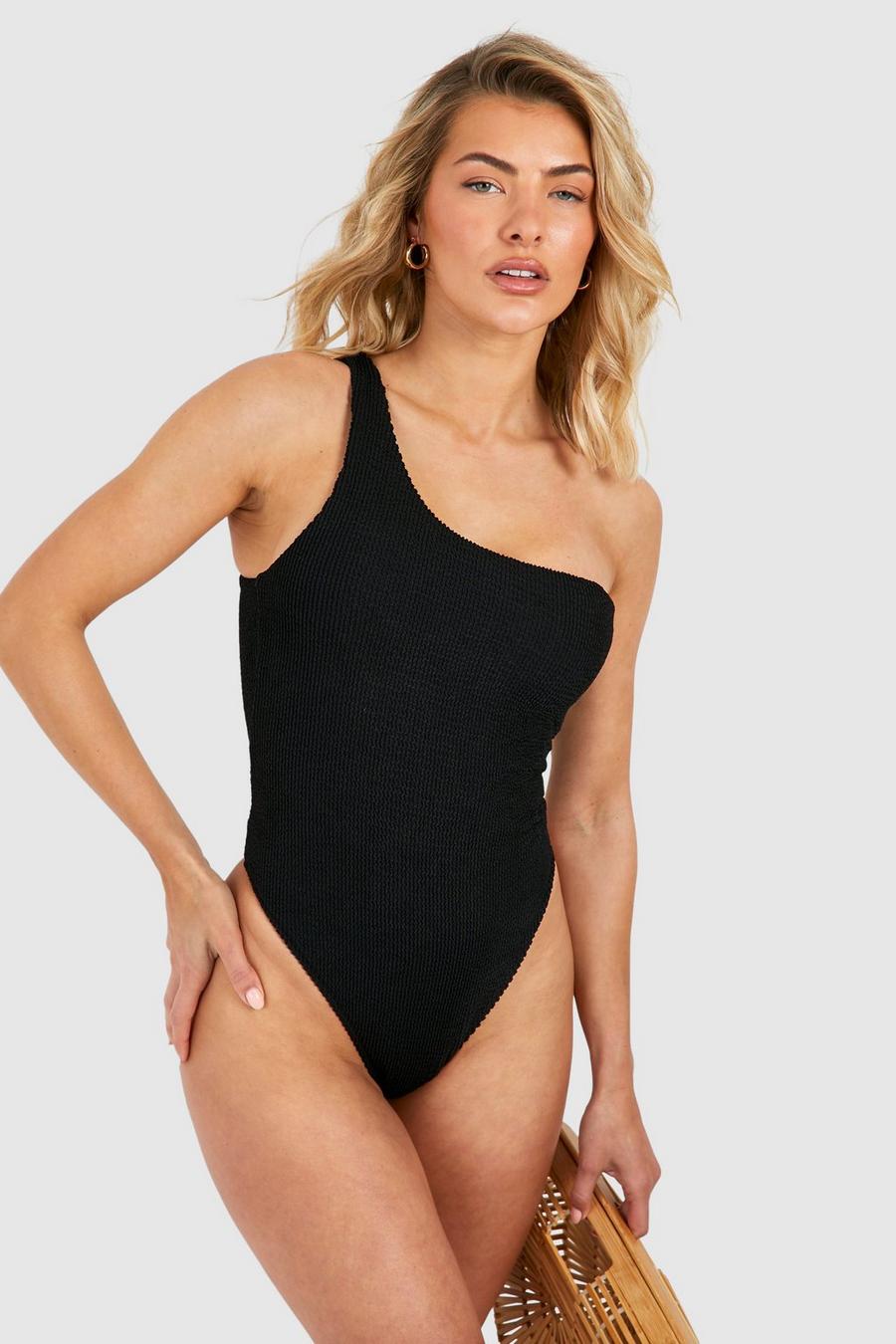 Black Premium Crinkle One Shoulder Swimsuit
