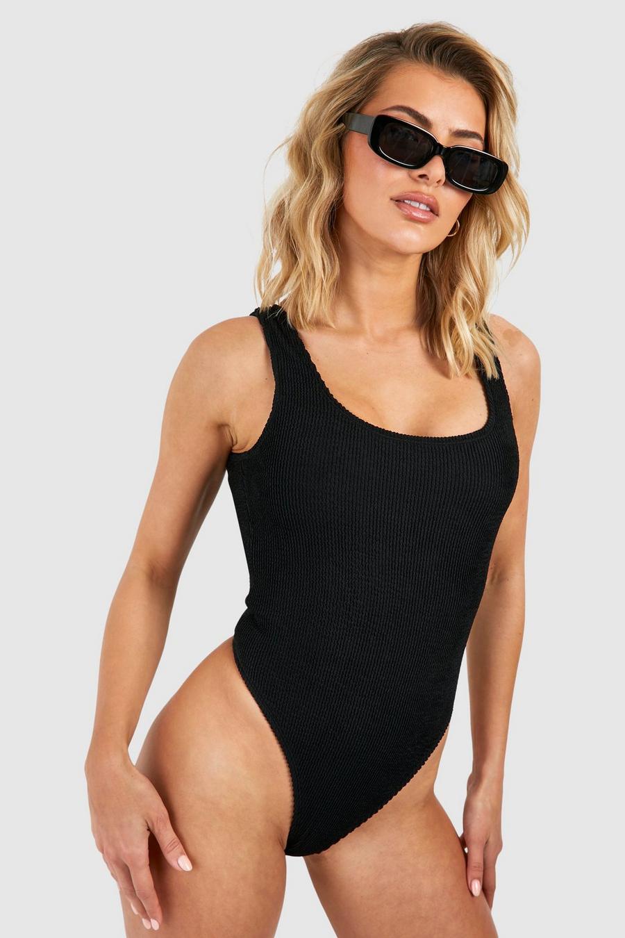 Black Premium Crinkle Square Neck Swimsuit image number 1