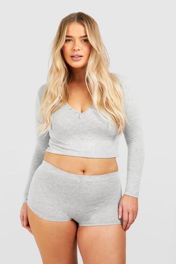 Plus Peached Long Sleeve Button Front Short Set grey marl