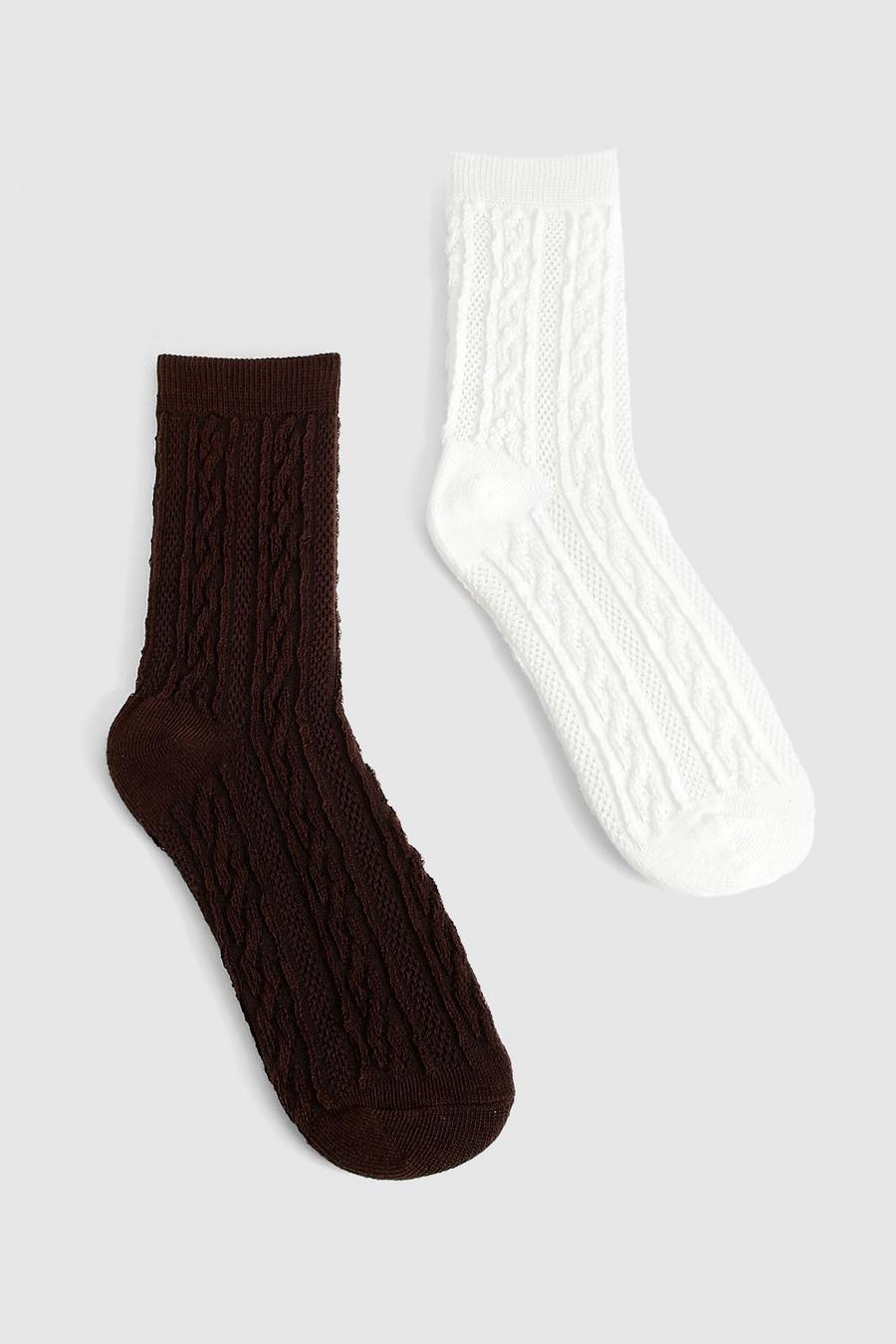 2er-Pack Zopfmuster Loungewear-Socken in braun und creme, Multi