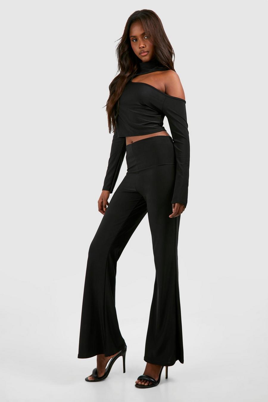 Black High Neck Cut Out Long Sleeve Top & Flared Pants image number 1