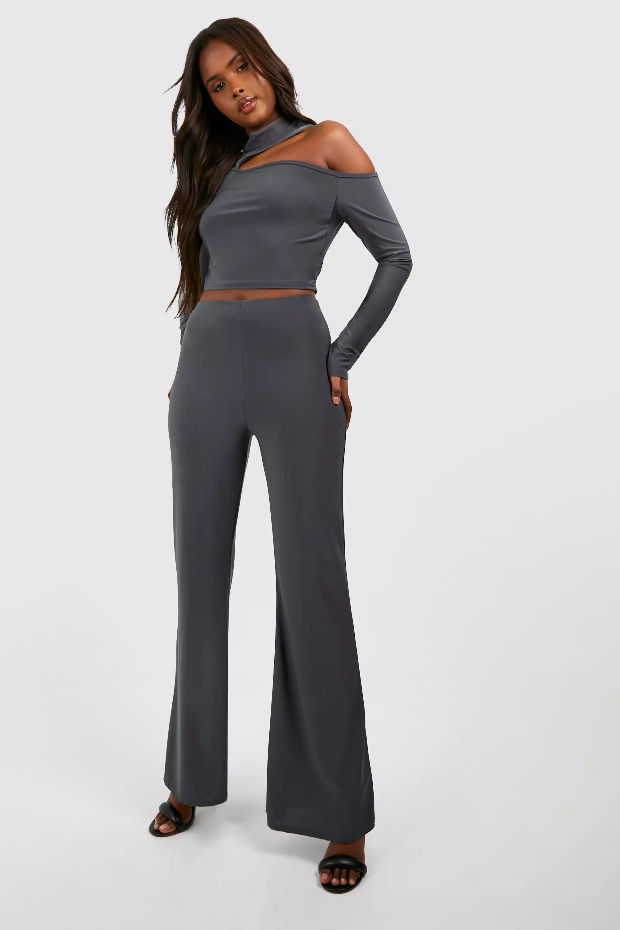 Slate High Neck Cut Out Long Sleeve Top & Flared Trouser صورة بديلة