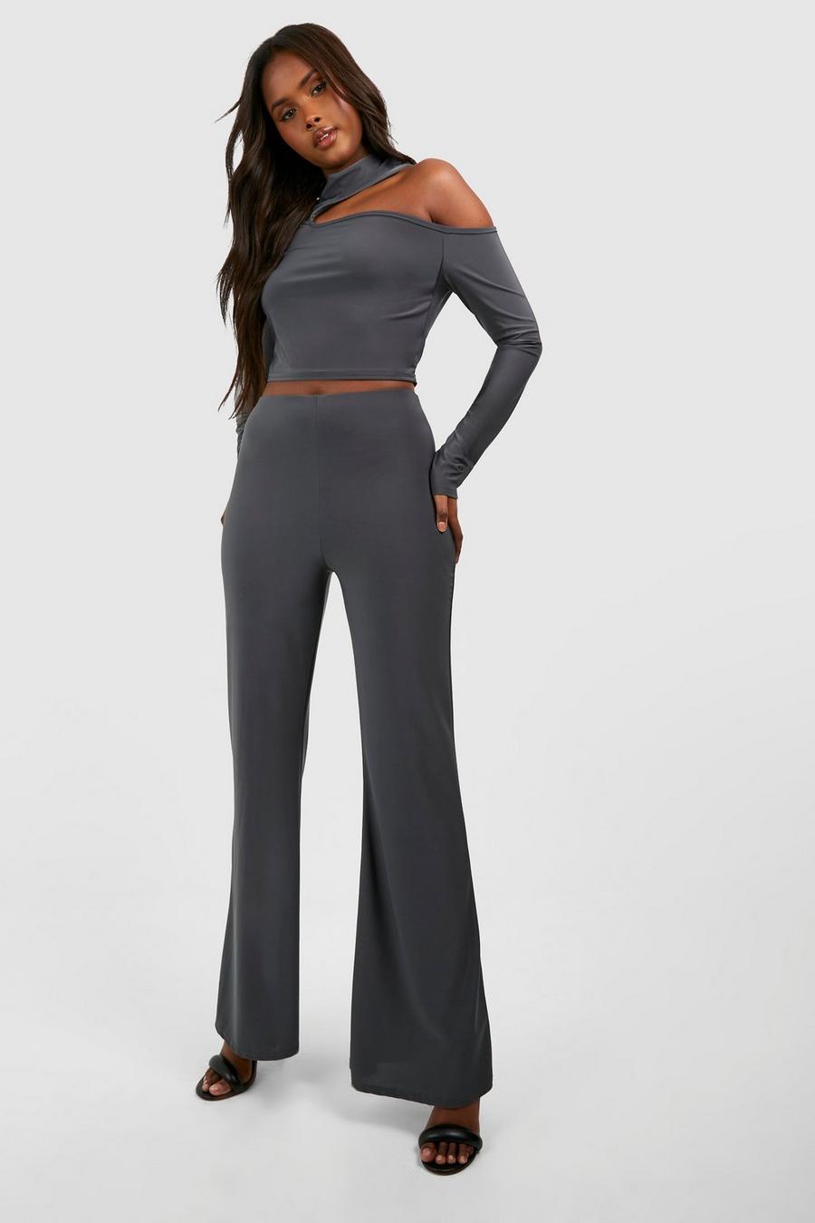 Slate High Neck Cut Out Long Sleeve Top & Flared Pants