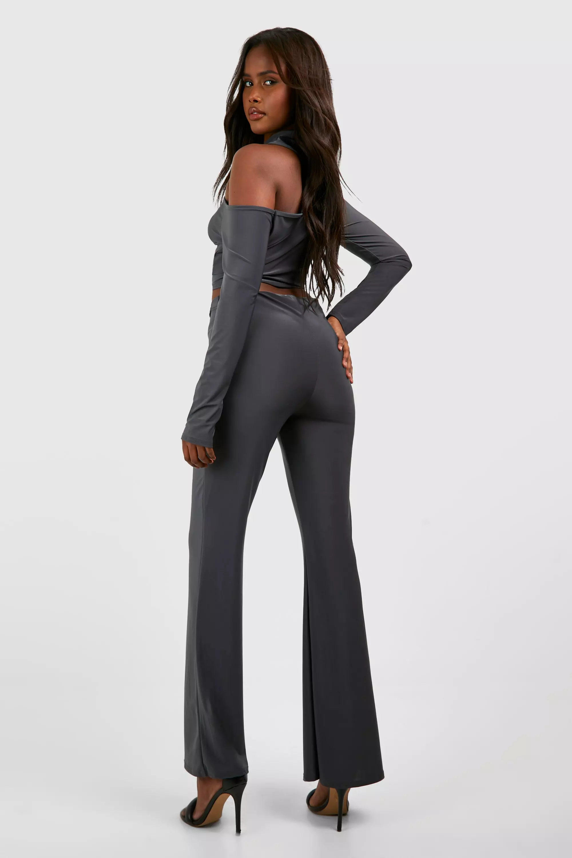 Slate High Neck Cut Out Long Sleeve Top & Flared Trouser صورة بديلة