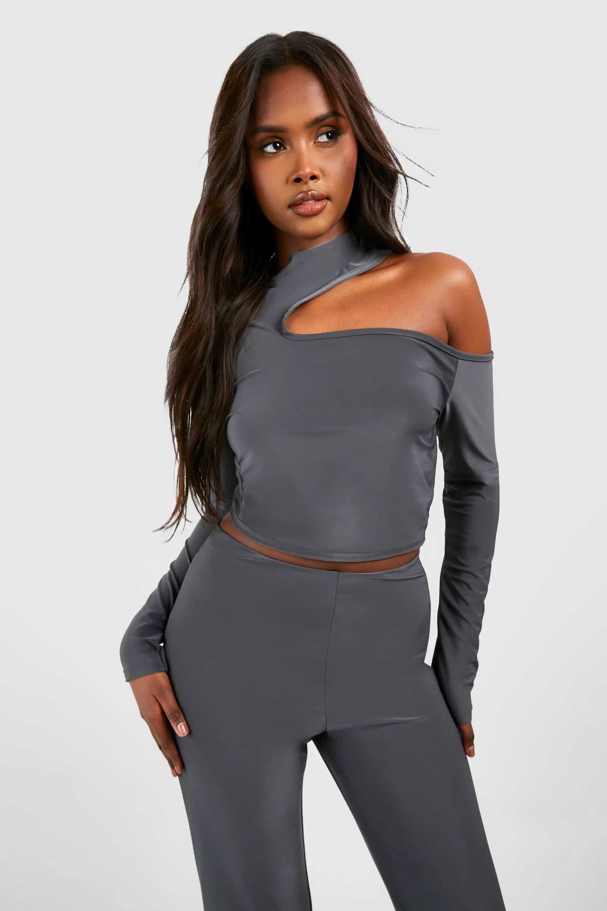 Slate High Neck Cut Out Long Sleeve Top & Flared Trouser صورة بديلة