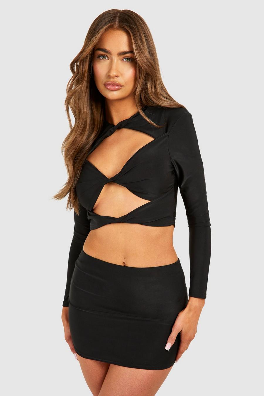 Black Twist Front Cut Out Long Sleeve Top & Mid Rise Mini Skirt image number 1
