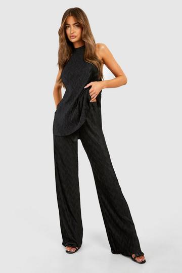 Black Wave Plisse Wide Leg Pants