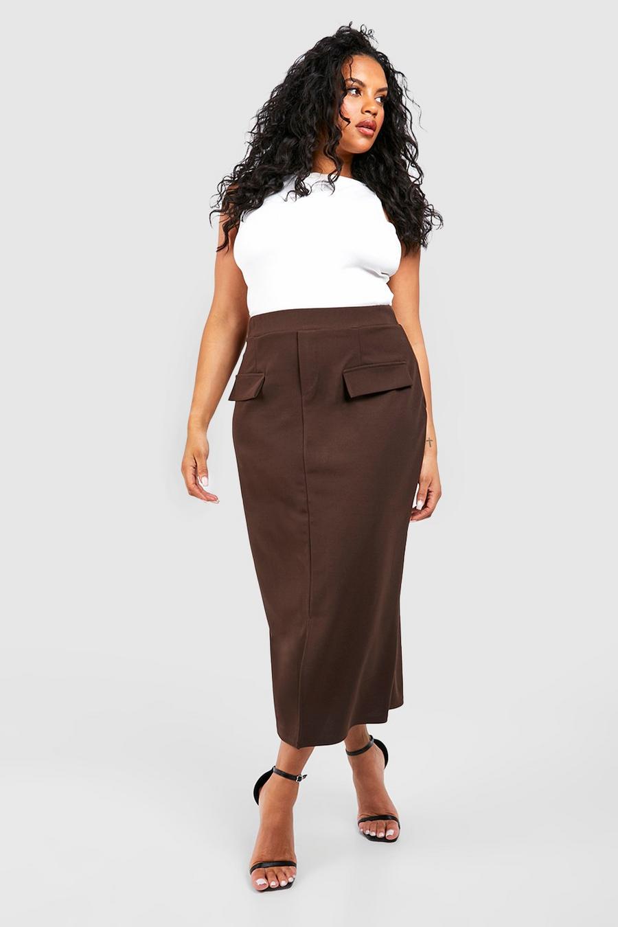 Chocolate marron Plus Pocket Detail Scuba Midaxi Skirt