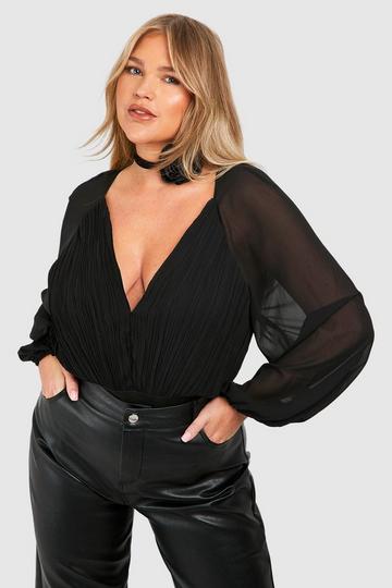 Plus Pleated Chiffon Bodysuit black