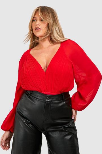 Plus Geplooide Chiffon Bodysuit red