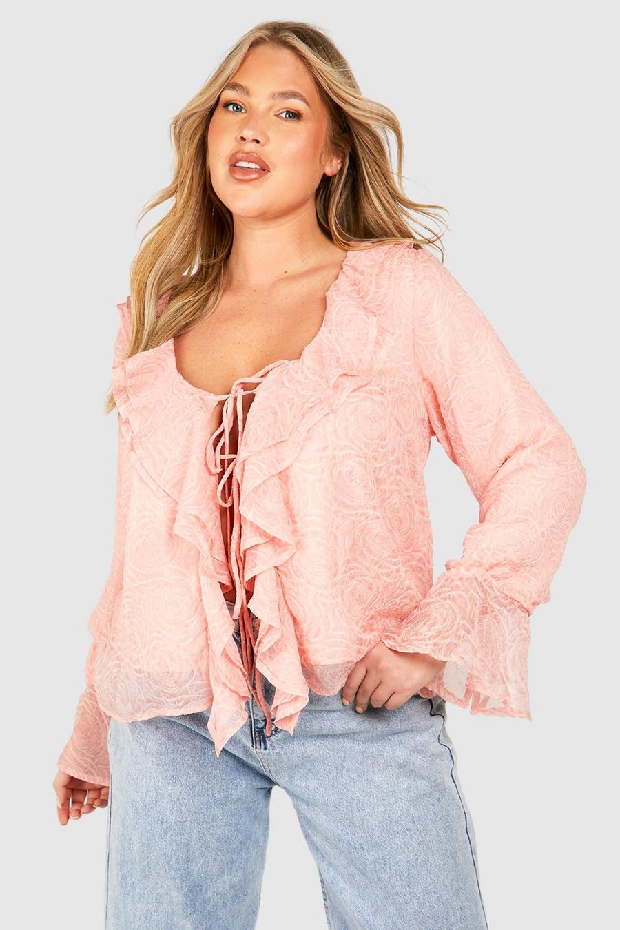 Blusa Plus Size con trama arricciata e rose