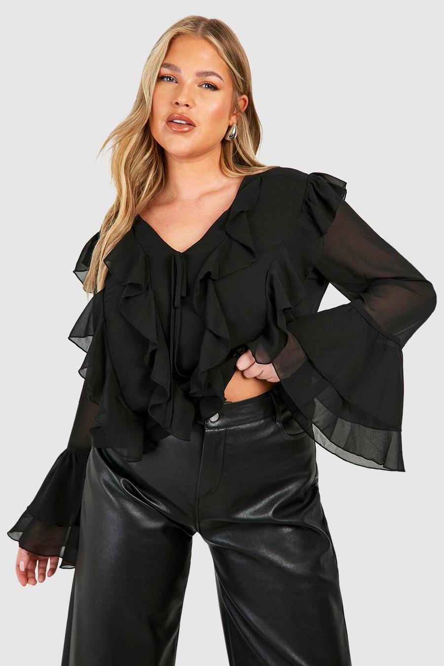 Blusa Plus Size con maniche svasate e arricciature estreme, Black
