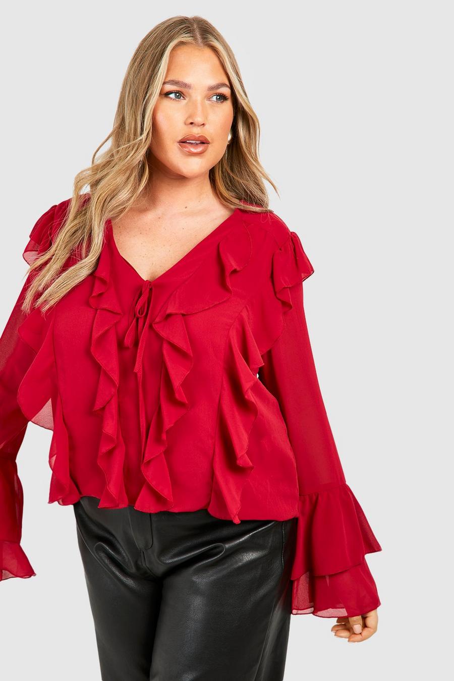 Blusa Plus Size con maniche svasate e arricciature estreme, Red