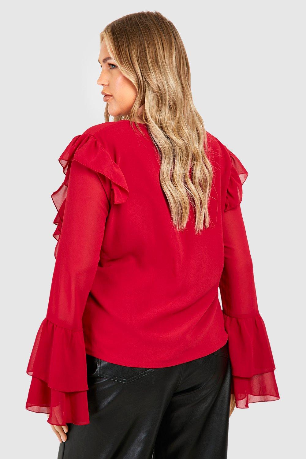 Red ruffle store long sleeve top