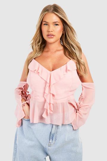 Pink Plus Cold Shoulder Ruffle Peplum Top