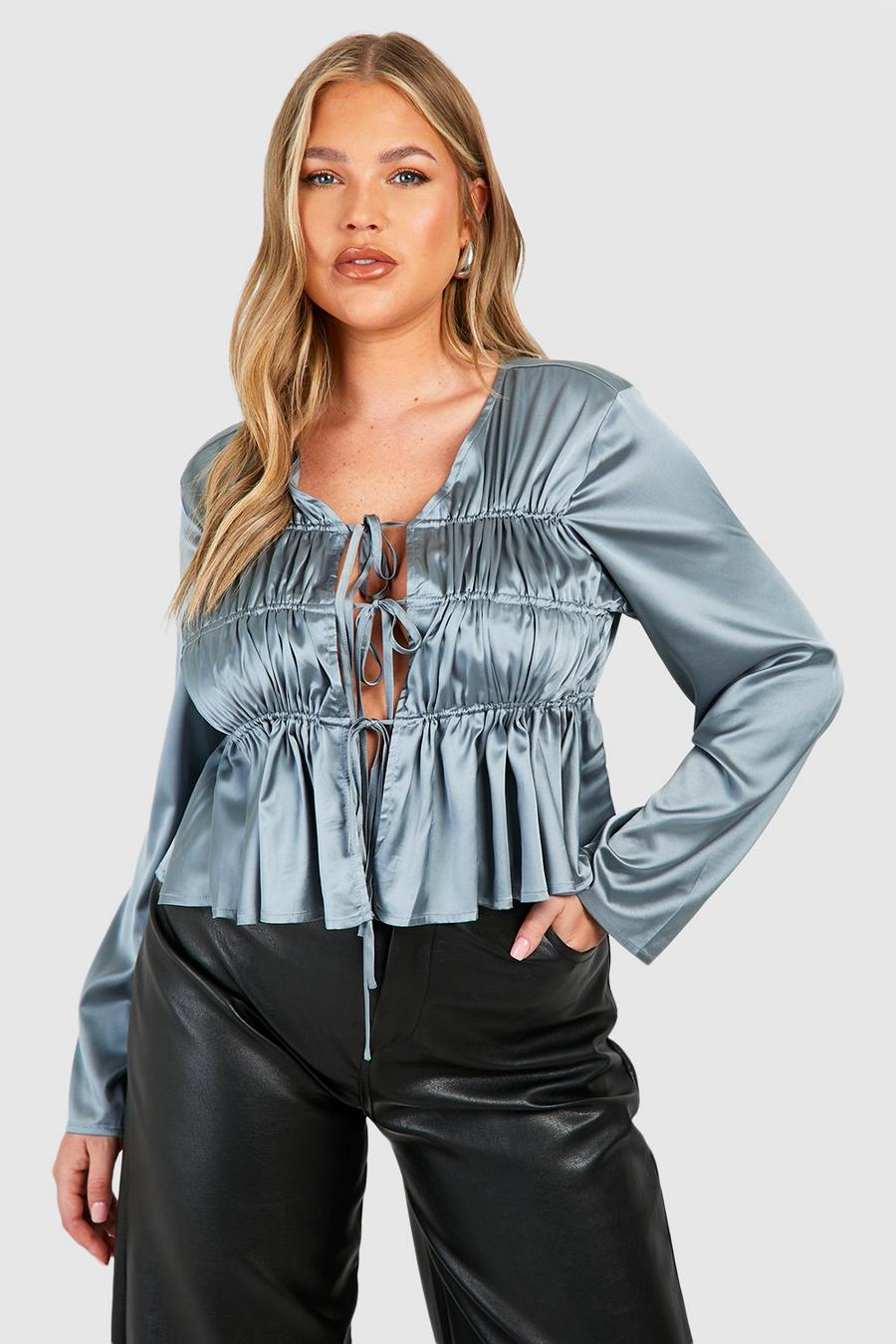 Steel Plus Satin Tie Front Tiered Blouse image number 1