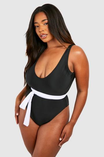 Black Plus Mono Tie Waist Plunge Swimsuit