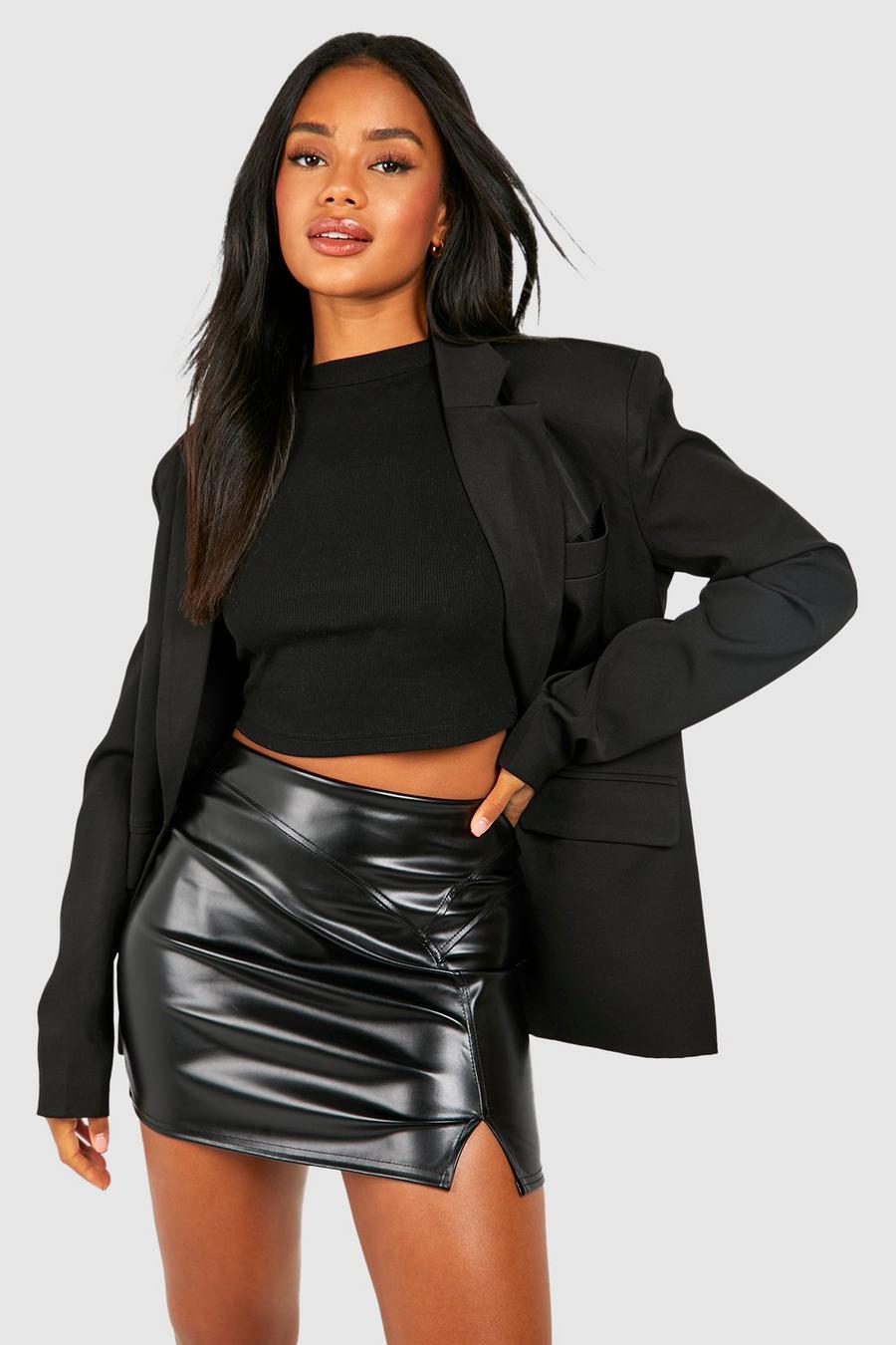 Black Contrast Seam Leather Look Mini Skirt 