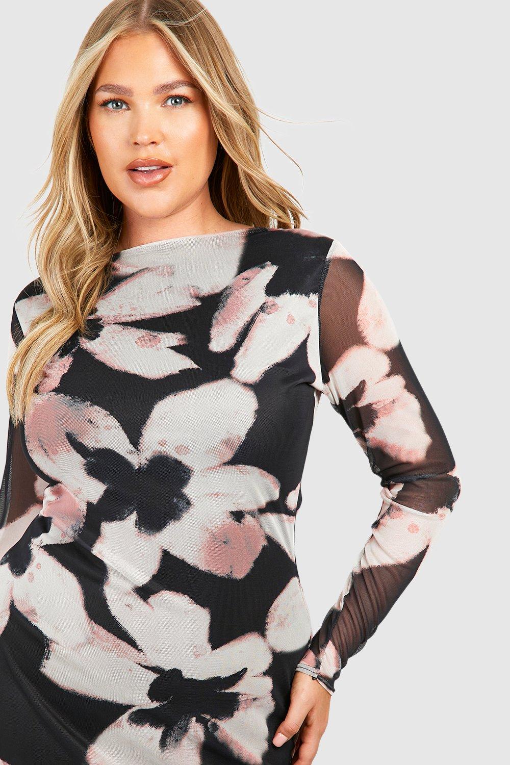 Long sleeve floral mesh dress sale