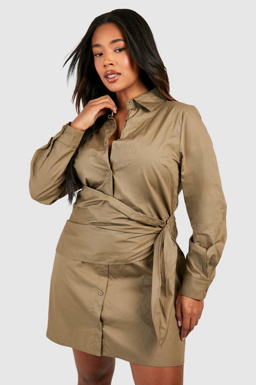 Vestito camicia Plus Size con fascia allacciata in vita, Khaki image number 1