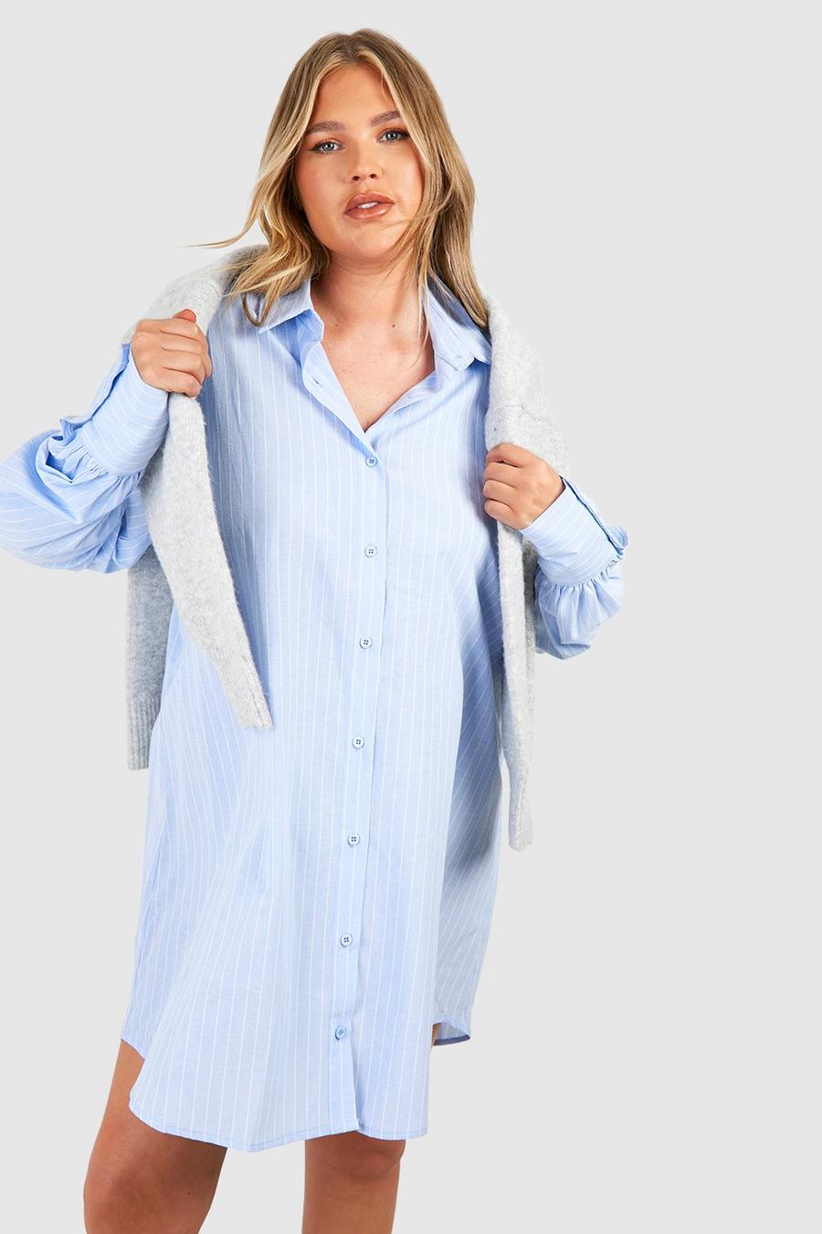 Vestito camicia Plus Size a righe con maniche a palloncino, Blue