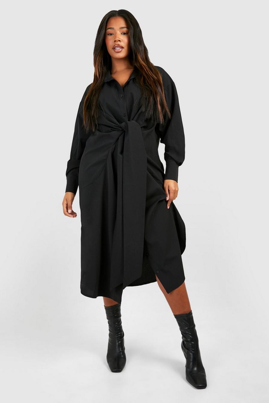 Black Plus Textured Woven Tie Front Midi Shirt Dress image number 1