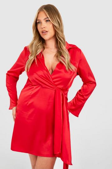 Plus Satin Wrap Tie Belt Dress red