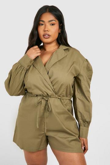 Plus Poplin Wrap Utility Romper khaki