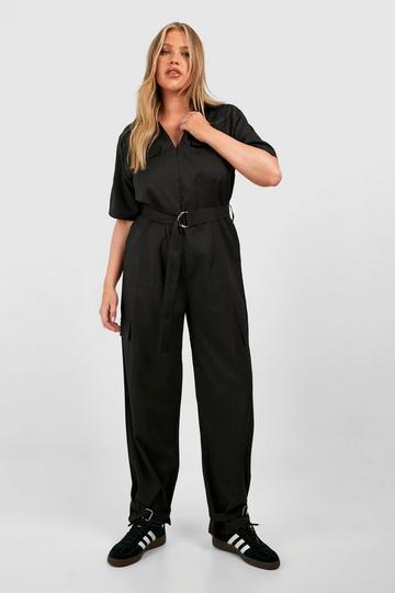 Plus Linen Look Utility Buckle Jumpsuit black