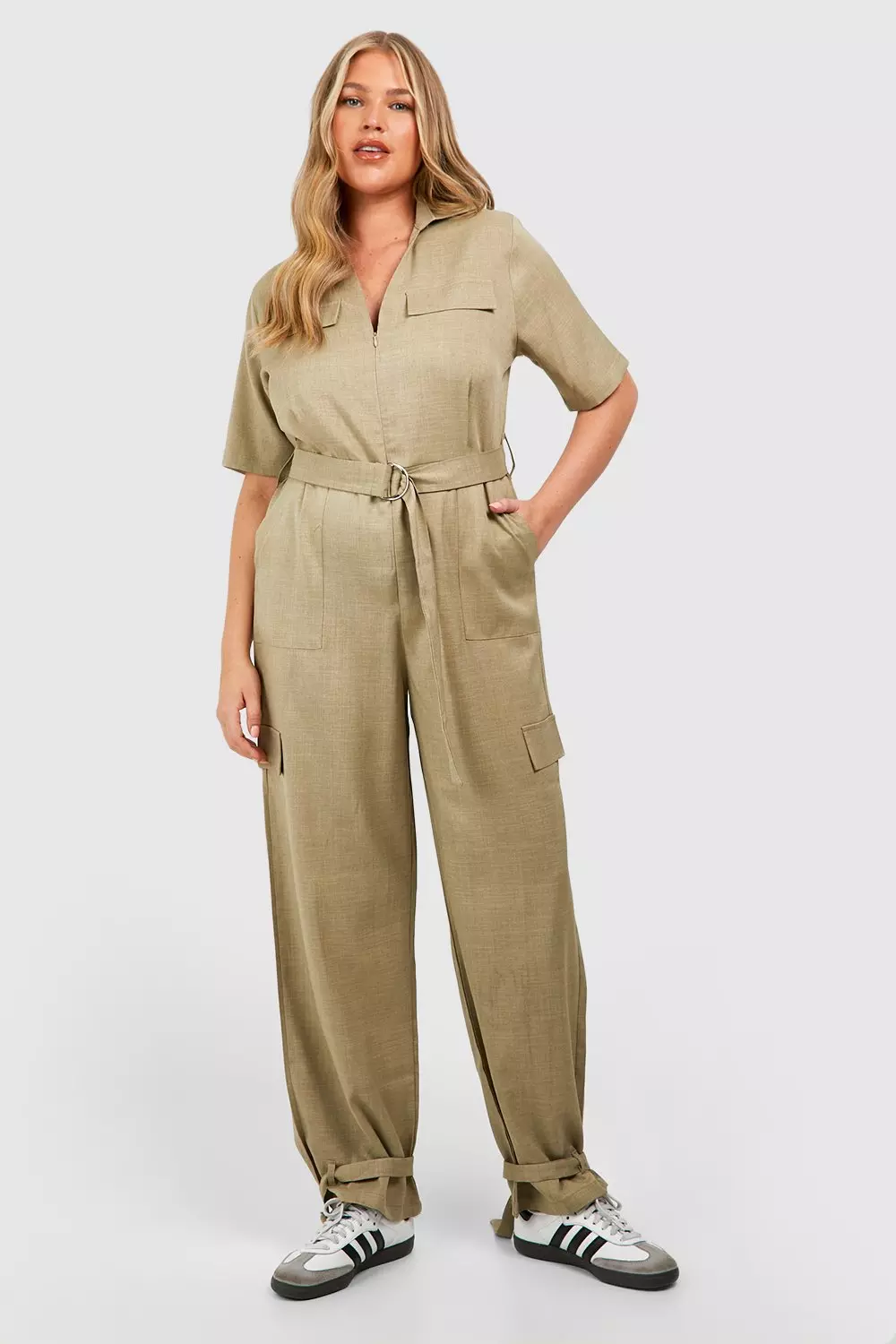 Khaki Plus Linen Look Utility Buckle Jumpsuit alternative image