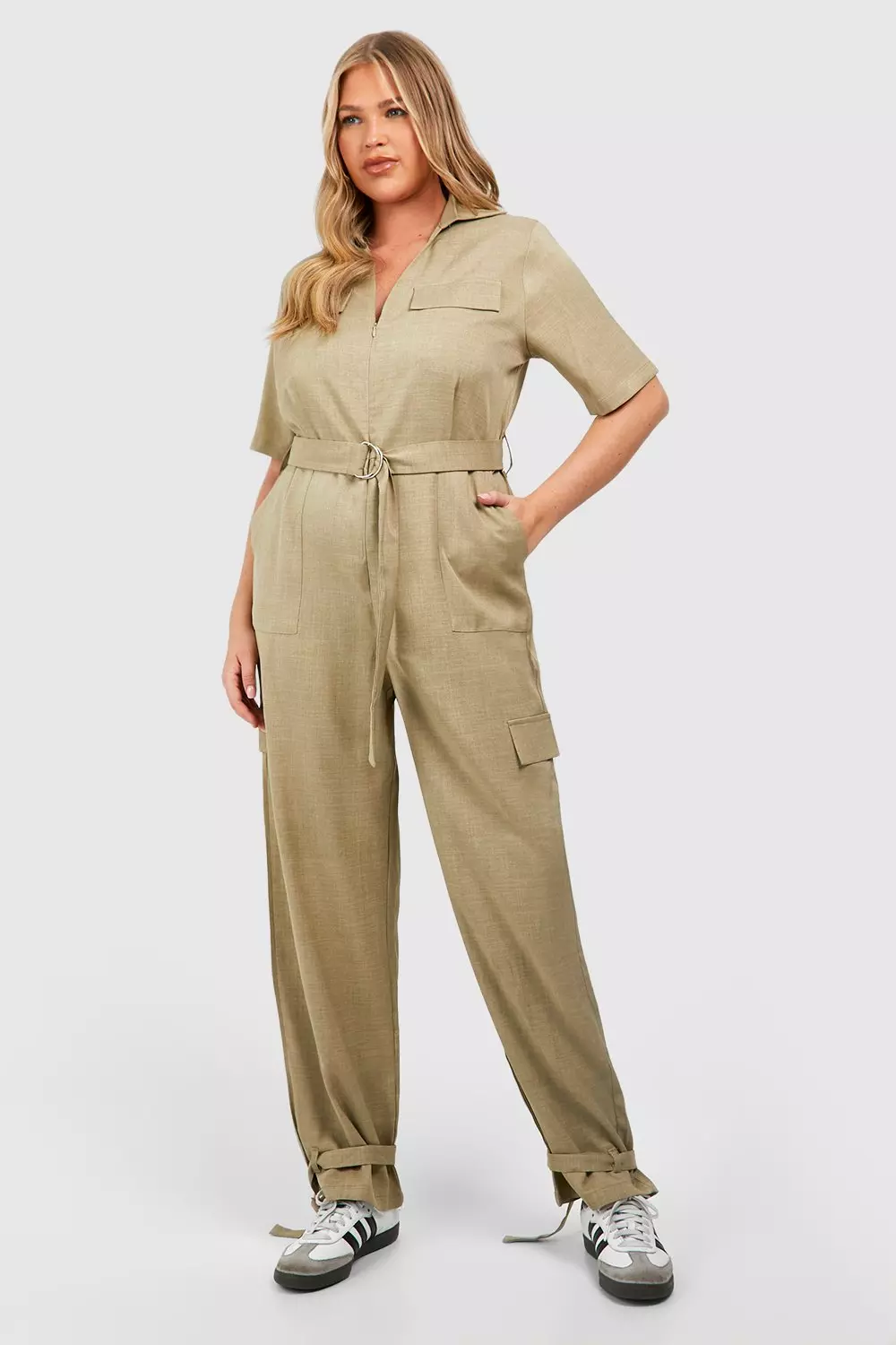 Khaki Plus Linen Look Utility Buckle Jumpsuit alternative image