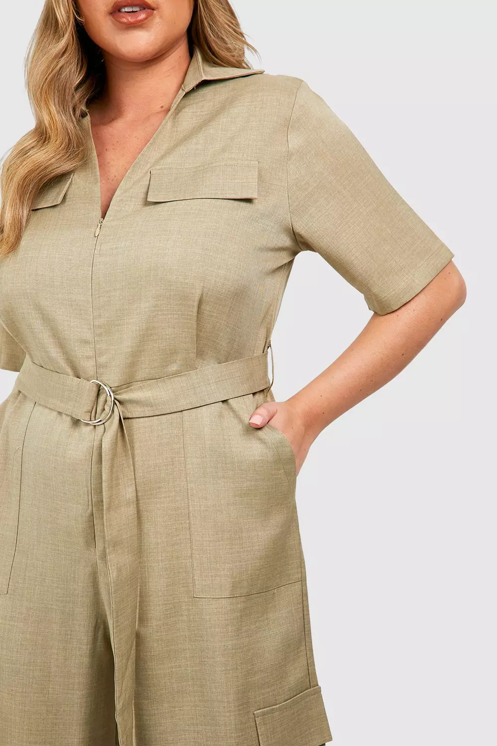Khaki Plus Linen Look Utility Buckle Jumpsuit alternative image