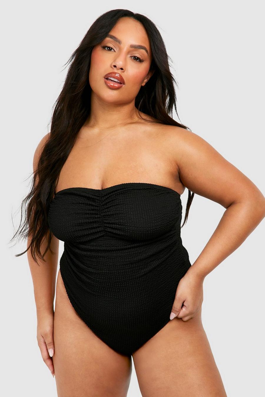 Black Plus Crinkle Tummy Control Bandeau Ruched Swimsuit image number 1