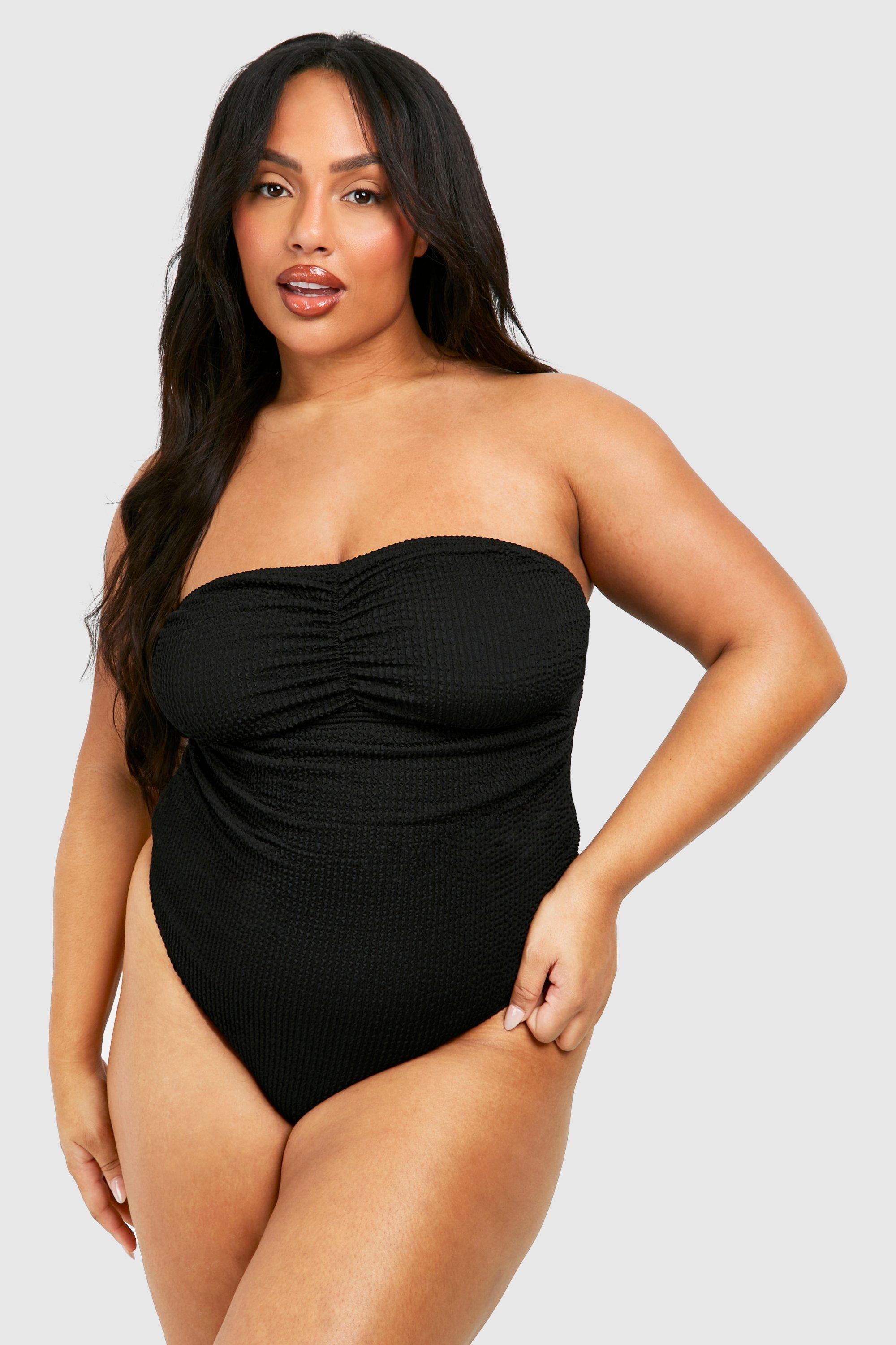 Plus Crinkle Tummy Control Bandeau Ruched Swimsuit boohoo UK