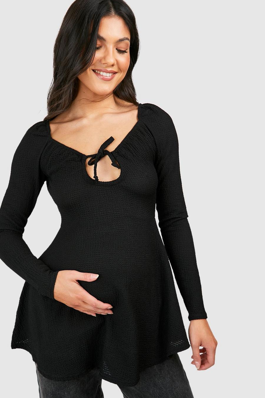 Black Maternity Textured Tie Front Smock Top