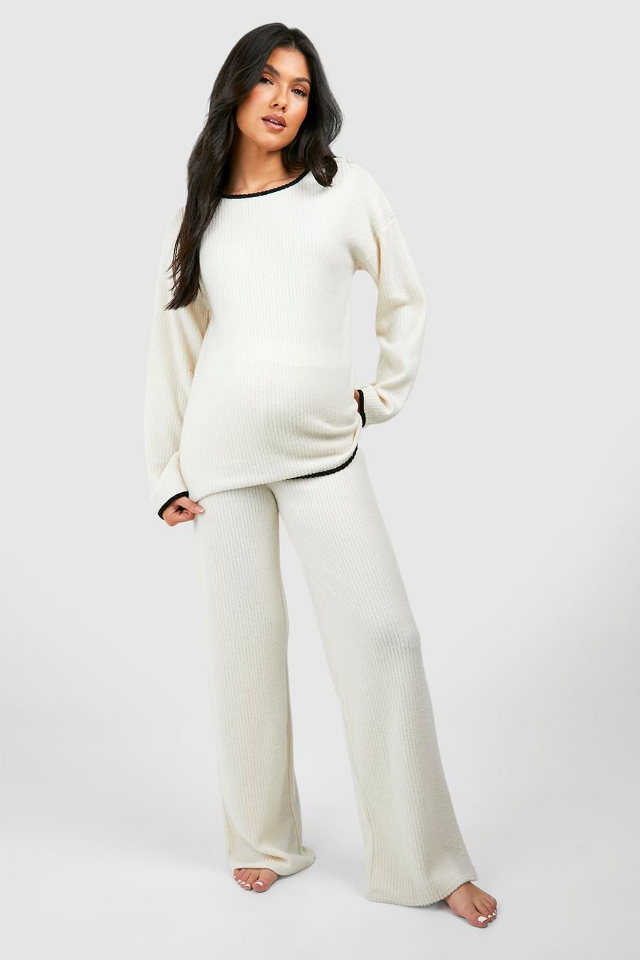 Cream white Maternity Contrast Soft Rib Loungewear Set