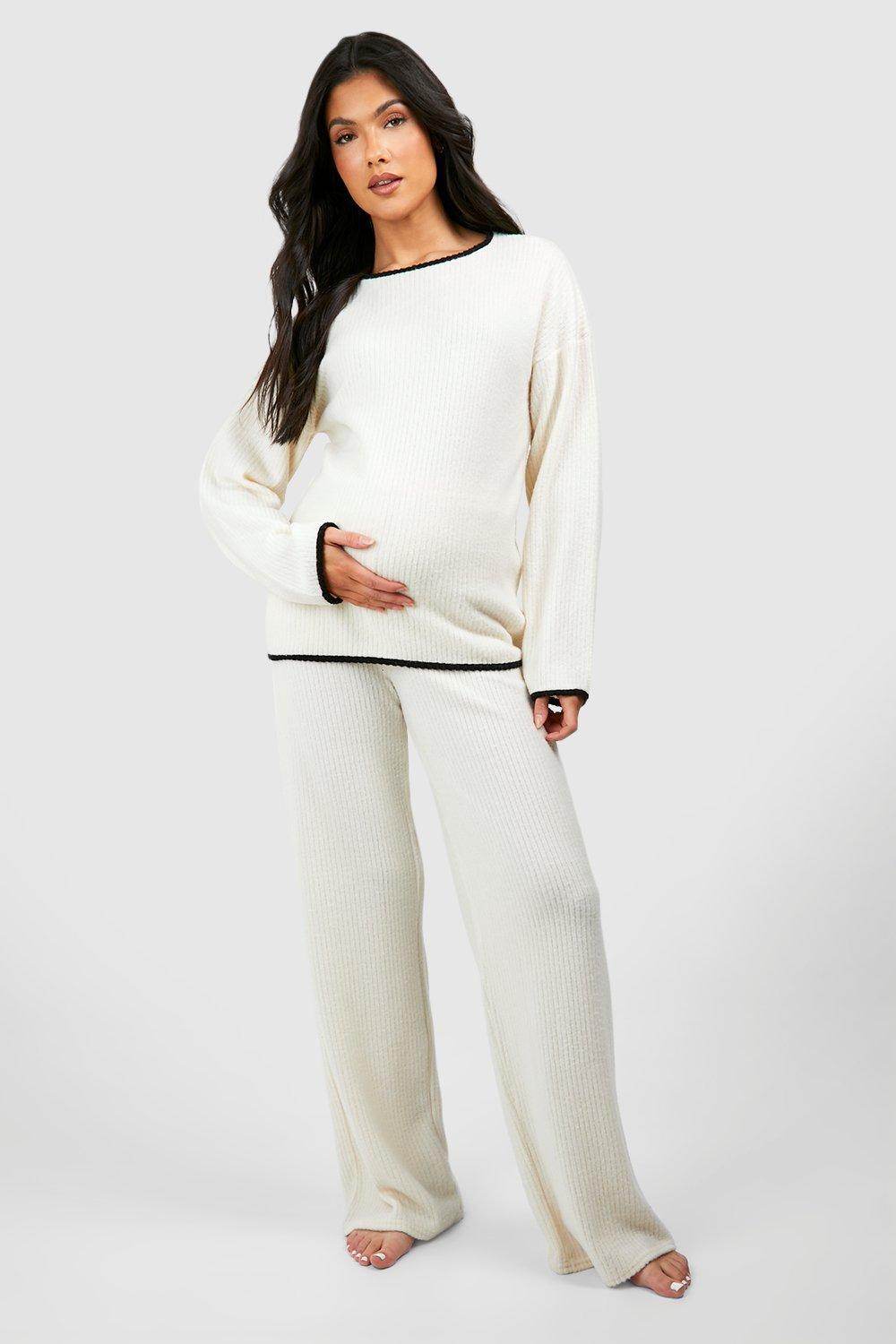 Women s Maternity Contrast Soft Rib Loungewear Set Boohoo UK