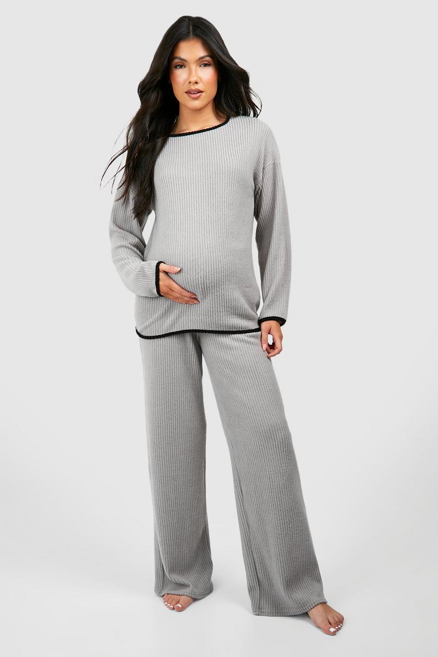Umstandsmode weiches geripptes Kontrast Loungewear-Set, Grey
