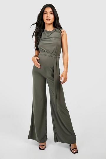 Maternity Cowl Neck Slinky Belted Jumpsuit khaki