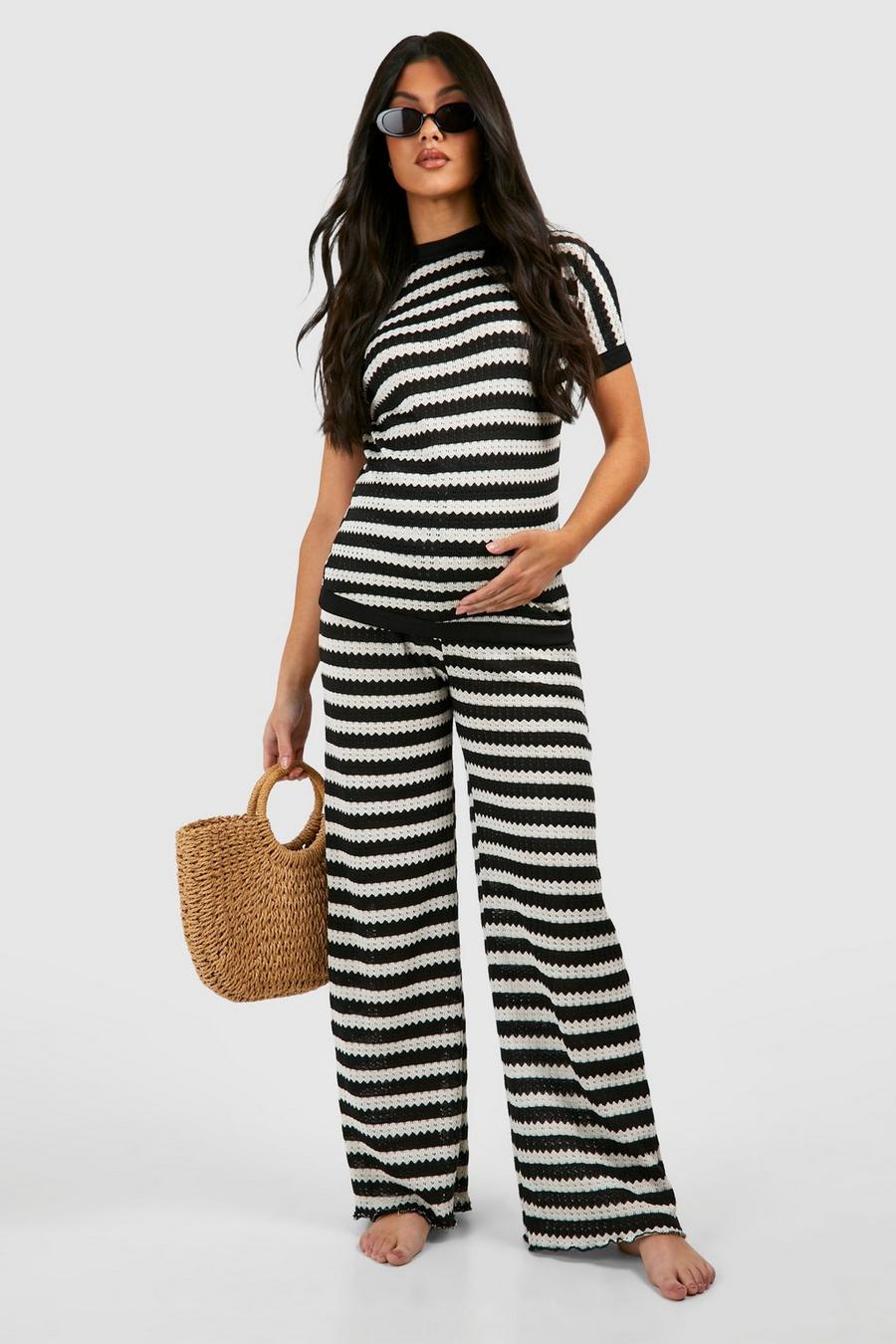 Black Maternity Stripe Crochet Beachwear Set image number 1