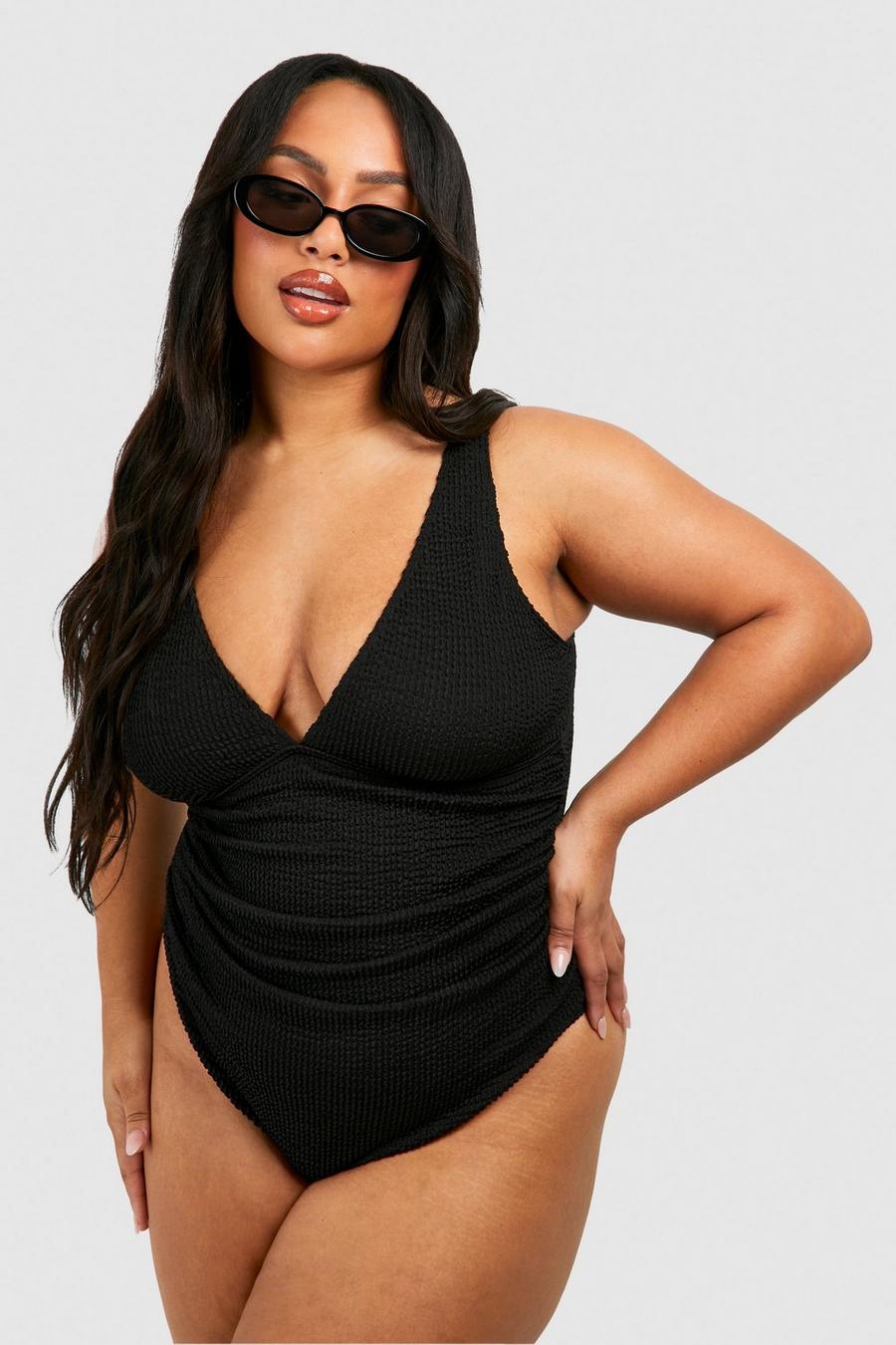 Black Plus Crinkle Tummy Control Ruched Swimsuit image number 1