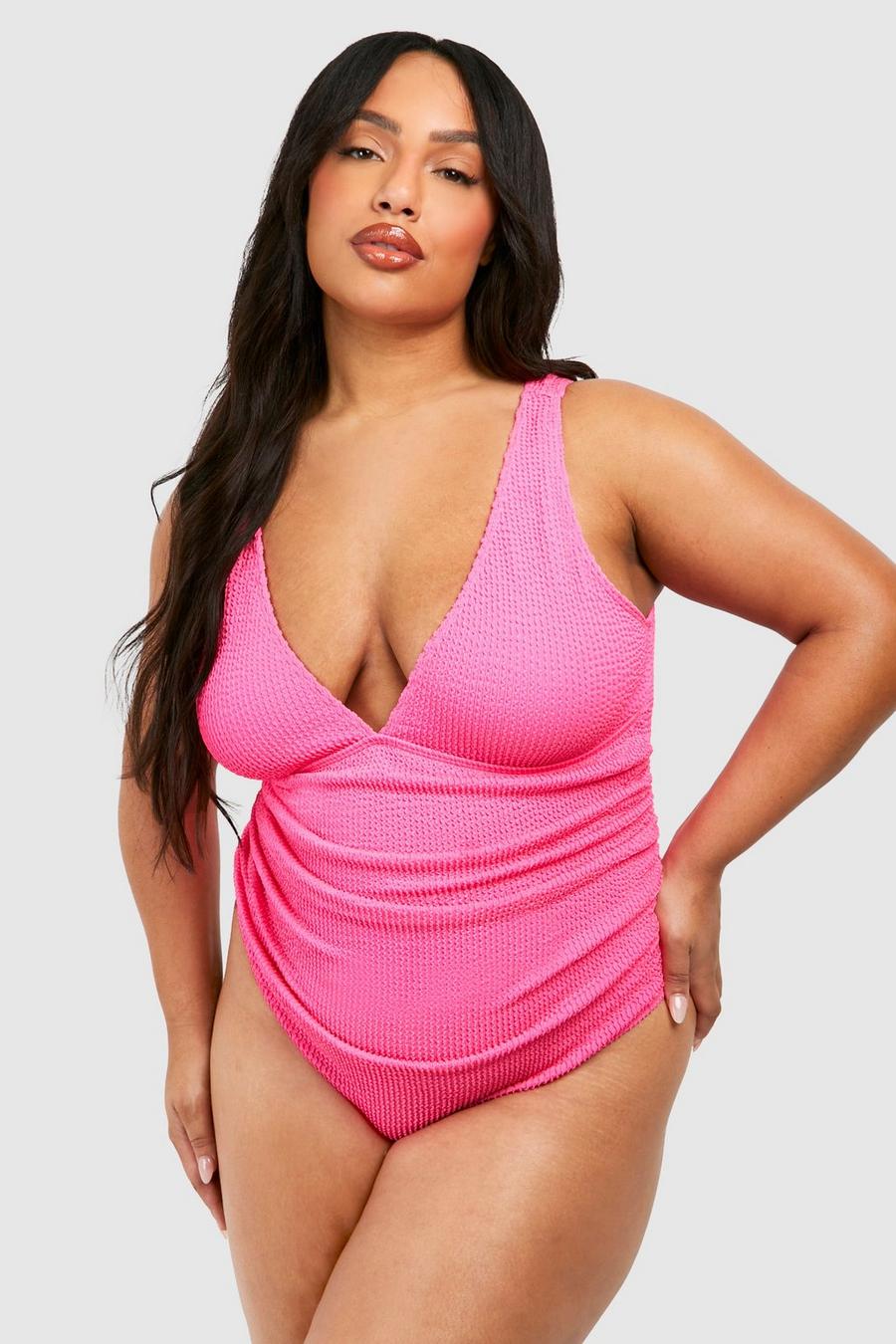 Pink Plus Crinkle Tummy Control Ruched Swimsuit image number 1