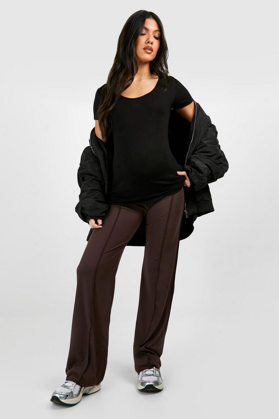 Chocolate Maternity Ribbed Seam Straight Leg Trousers image number 1