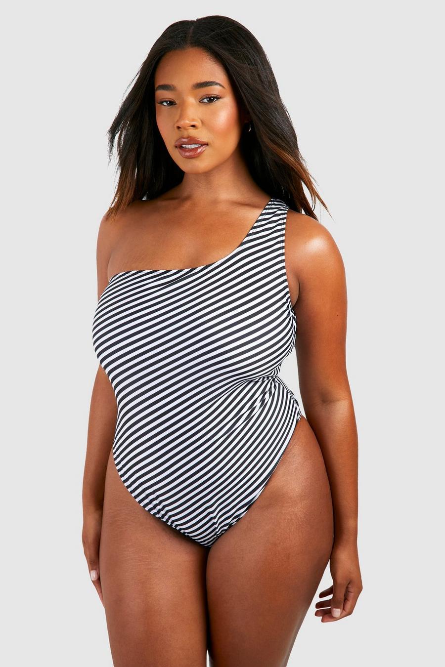 Black Plus Stripe One Shoulder Swimsuit