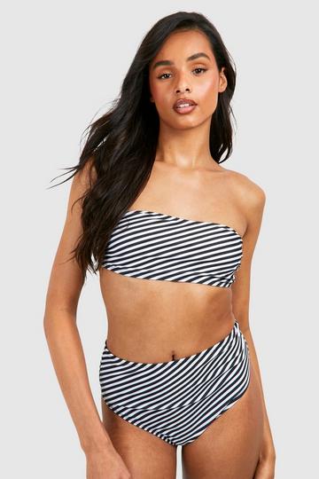 Black Tall Stripe Bandeau High Waisted Bikini Set