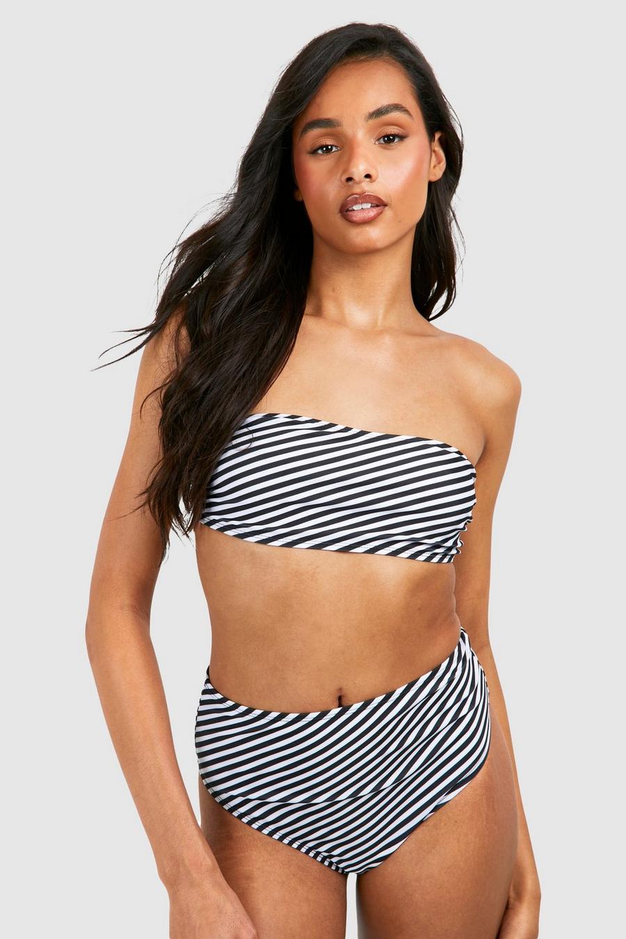 Black Tall Stripe Bandeau High Waisted Bikini Set image number 1
