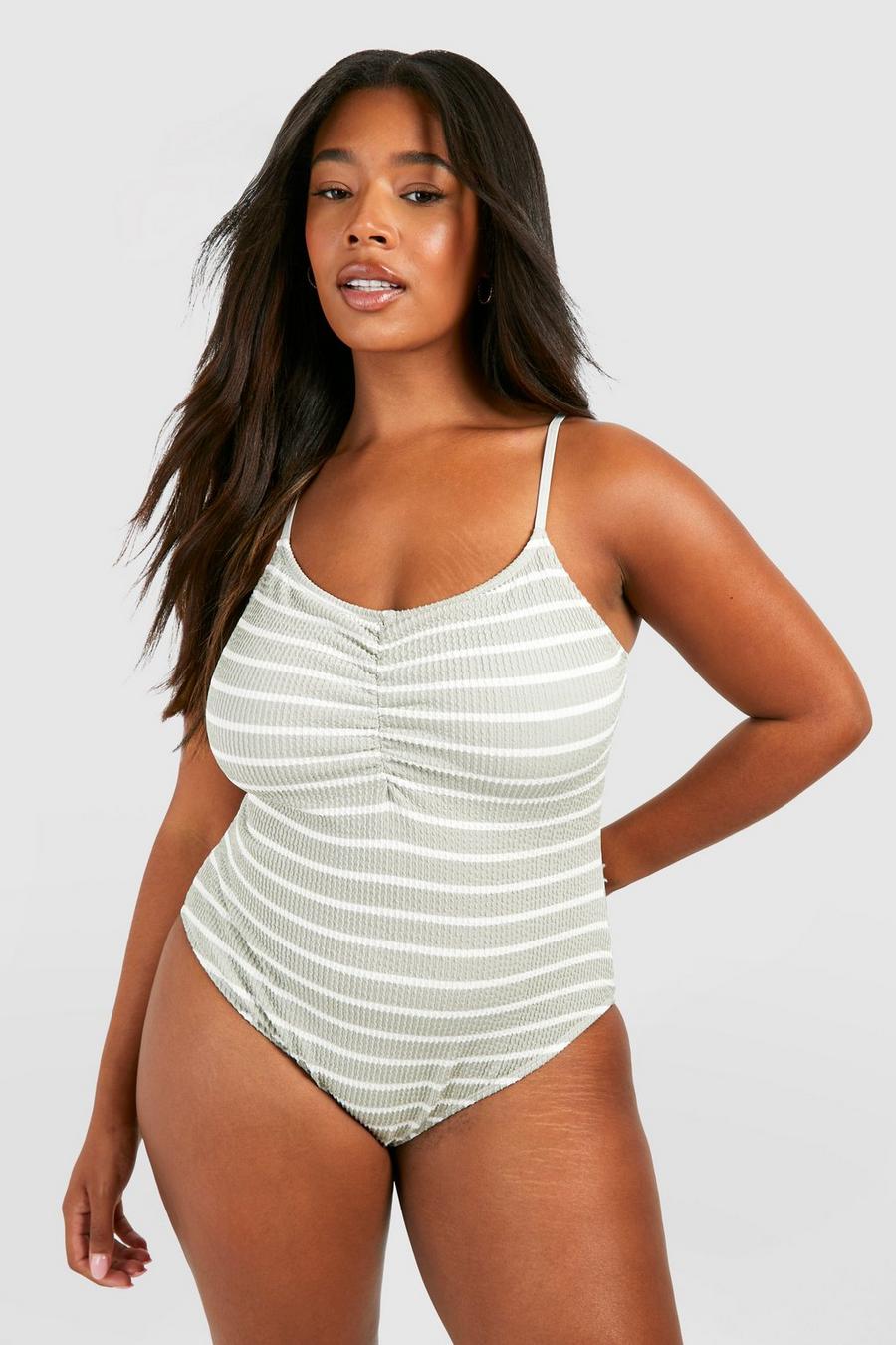 Sage green Plus Crinkle Stripe Ruched Detail Swimsuit
